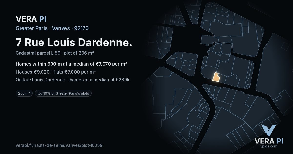 7 Rue Louis Dardenne, Vanves at night – the plot lit, the parcels around coloured by the prices near them