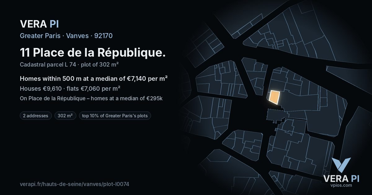 11 Place de la République, Vanves at night – the plot lit, the parcels around coloured by the prices near them