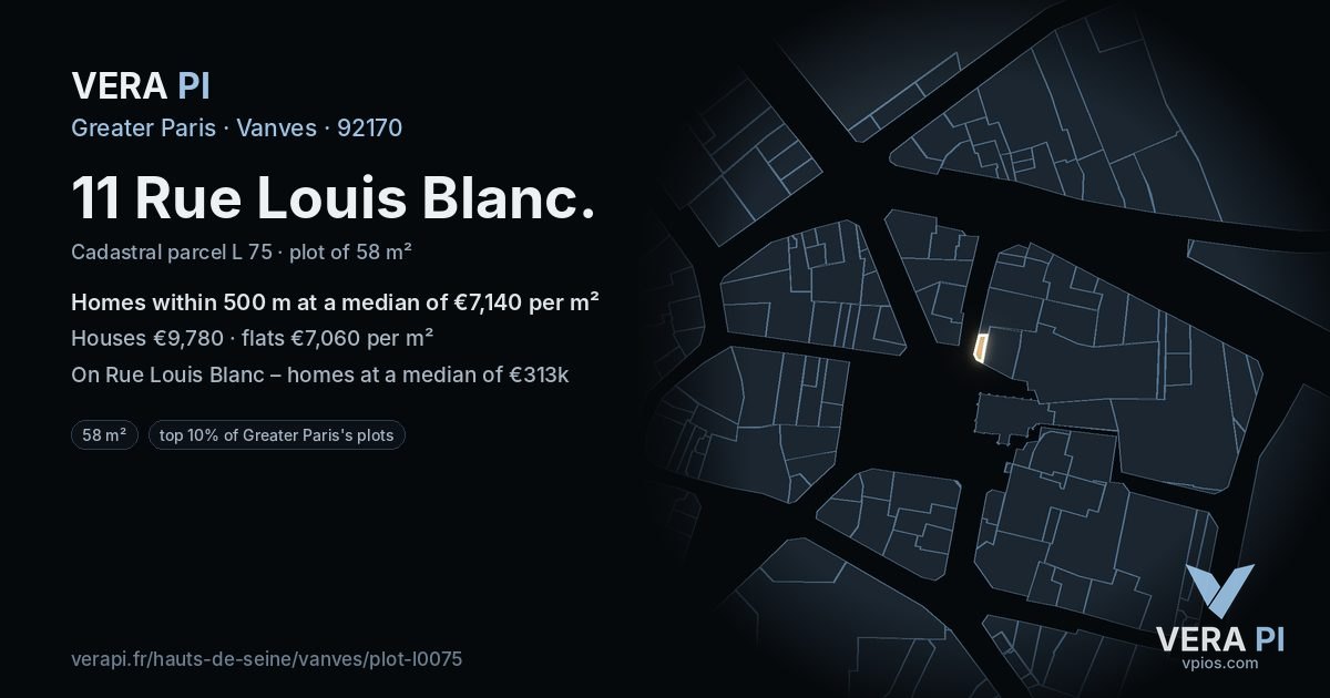 11 Rue Louis Blanc, Vanves at night – the plot lit, the parcels around coloured by the prices near them