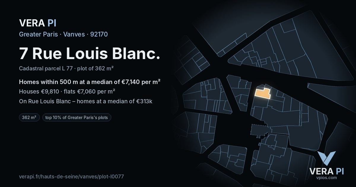 7 Rue Louis Blanc, Vanves at night – the plot lit, the parcels around coloured by the prices near them