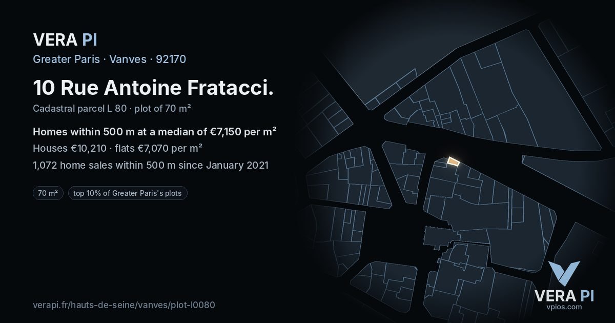 10 Rue Antoine Fratacci, Vanves at night – the plot lit, the parcels around coloured by the prices near them