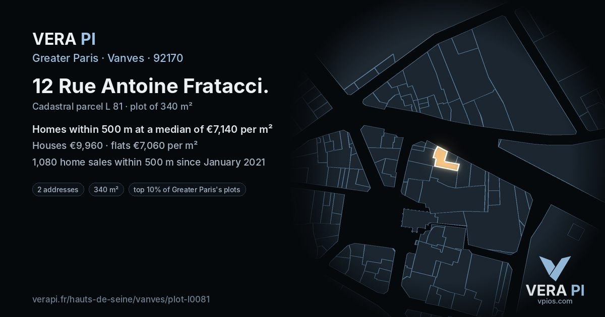 12 Rue Antoine Fratacci, Vanves at night – the plot lit, the parcels around coloured by the prices near them