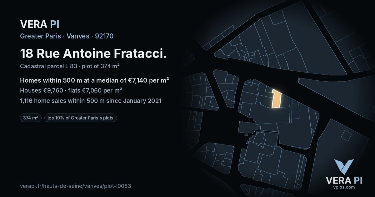 18 Rue Antoine Fratacci, Vanves at night – the plot lit, the parcels around coloured by the prices near them