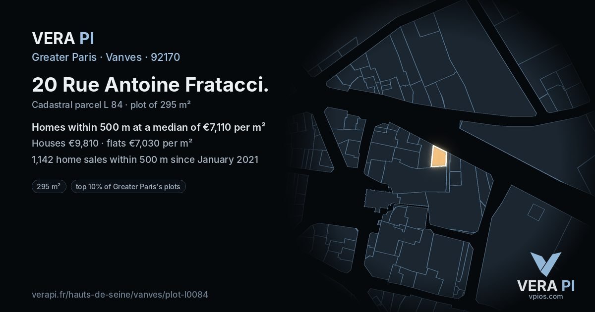 20 Rue Antoine Fratacci, Vanves at night – the plot lit, the parcels around coloured by the prices near them