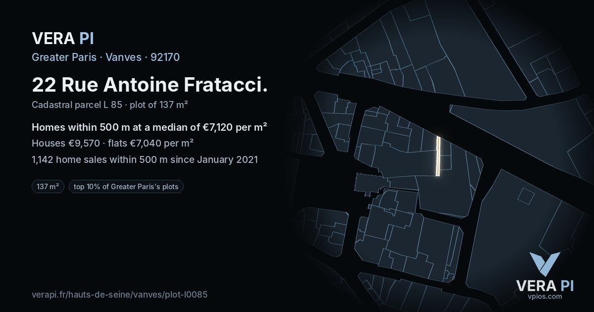 22 Rue Antoine Fratacci, Vanves at night – the plot lit, the parcels around coloured by the prices near them