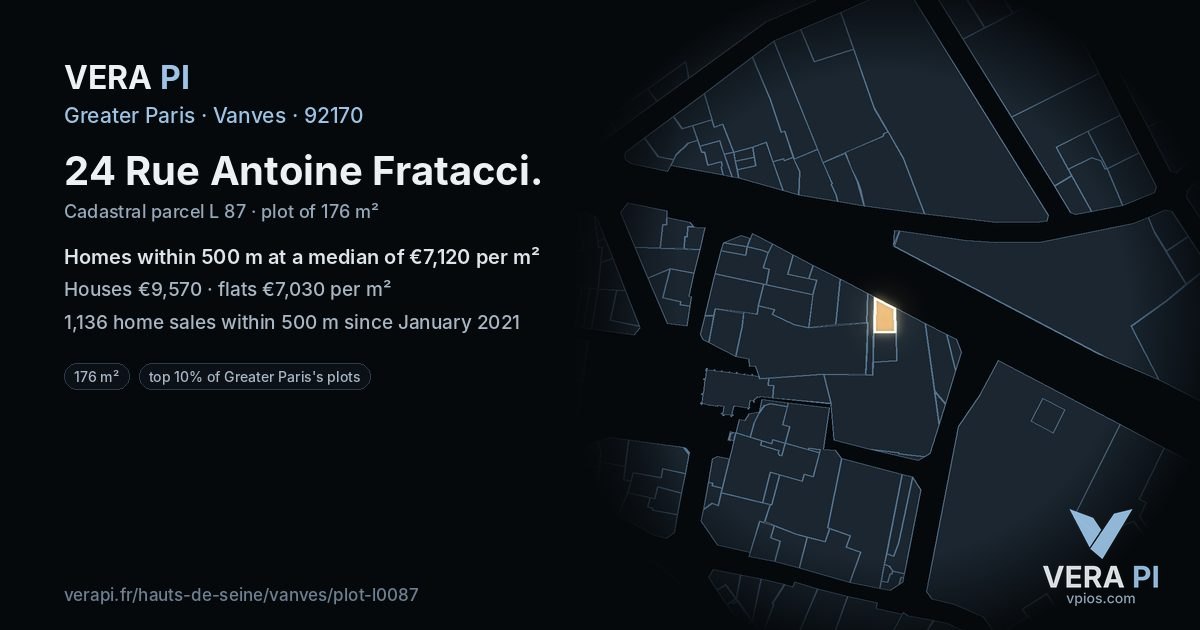 24 Rue Antoine Fratacci, Vanves at night – the plot lit, the parcels around coloured by the prices near them
