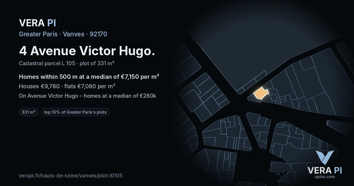 4 Avenue Victor Hugo, Vanves at night – the plot lit, the parcels around coloured by the prices near them