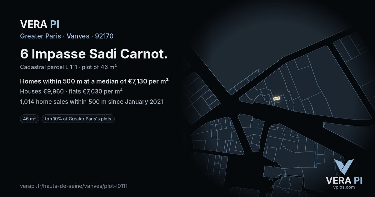 6 Impasse Sadi Carnot, Vanves at night – the plot lit, the parcels around coloured by the prices near them