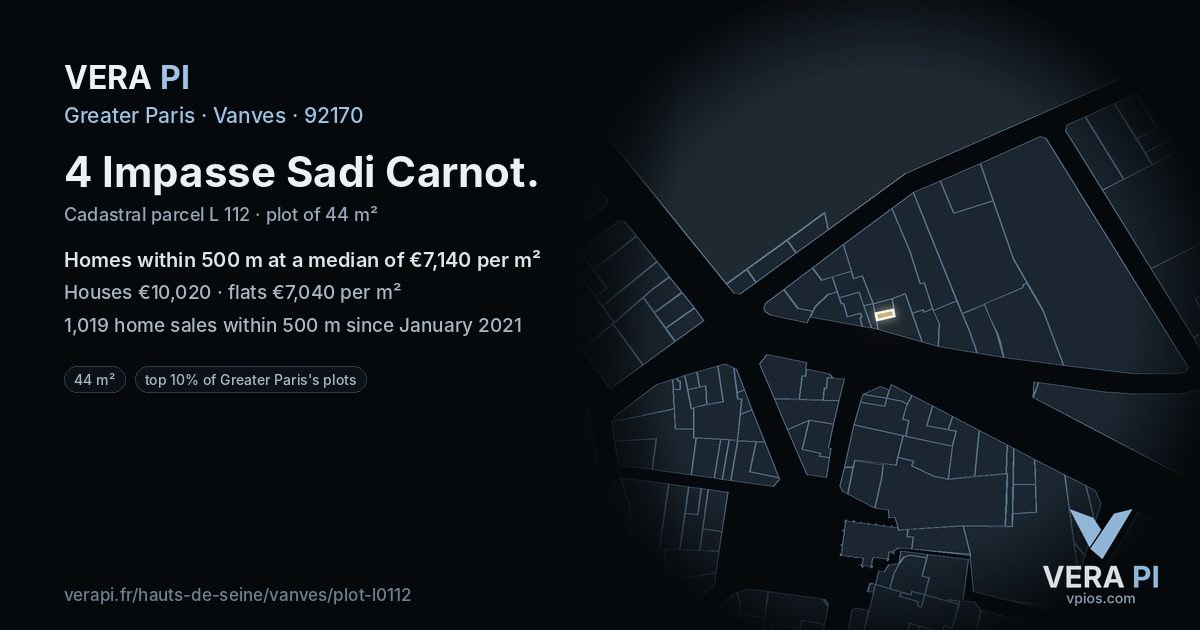 4 Impasse Sadi Carnot, Vanves at night – the plot lit, the parcels around coloured by the prices near them
