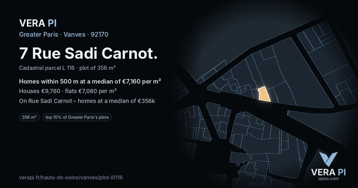 7 Rue Sadi Carnot, Vanves at night – the plot lit, the parcels around coloured by the prices near them