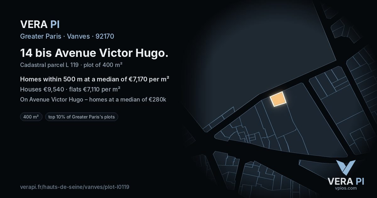 14 bis Avenue Victor Hugo, Vanves at night – the plot lit, the parcels around coloured by the prices near them