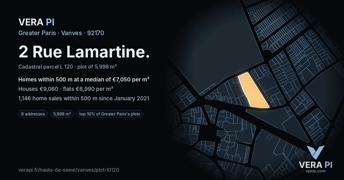 2 Rue Lamartine, Vanves at night – the plot lit, the parcels around coloured by the prices near them