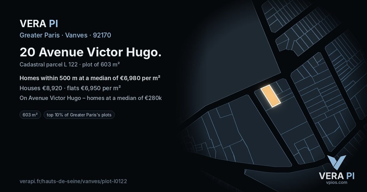 20 Avenue Victor Hugo, Vanves at night – the plot lit, the parcels around coloured by the prices near them