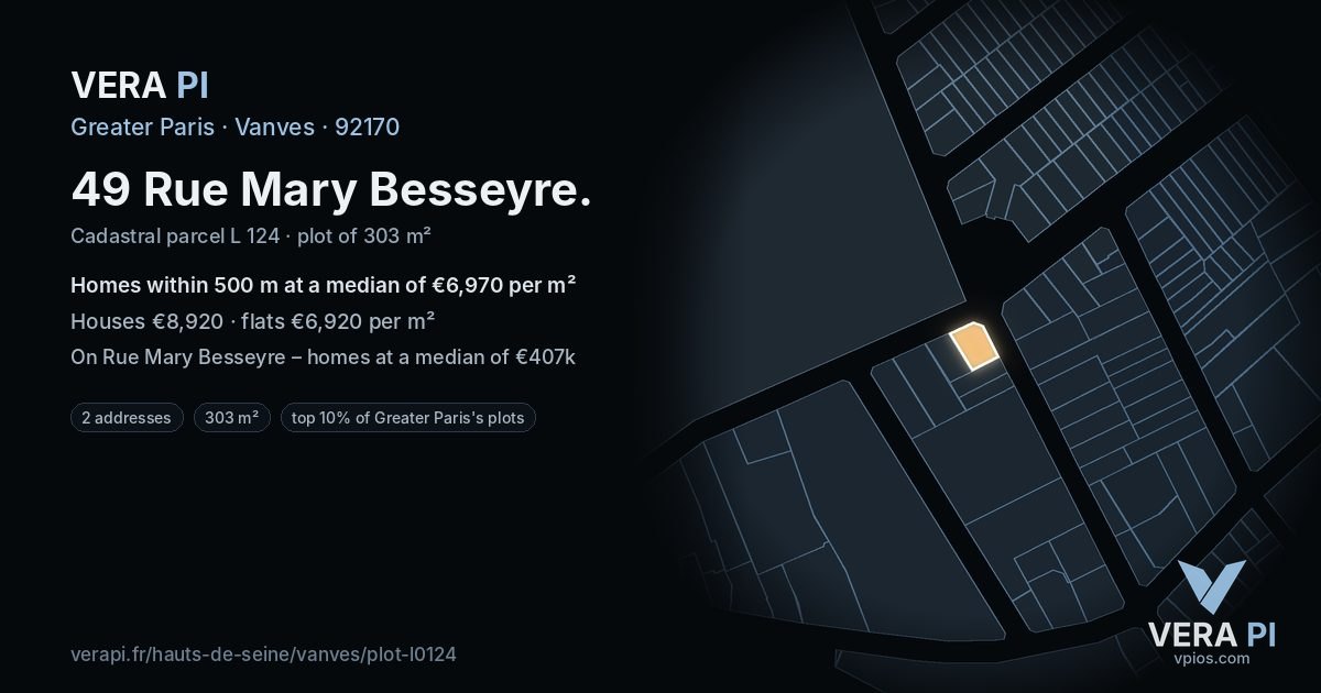 49 Rue Mary Besseyre, Vanves at night – the plot lit, the parcels around coloured by the prices near them
