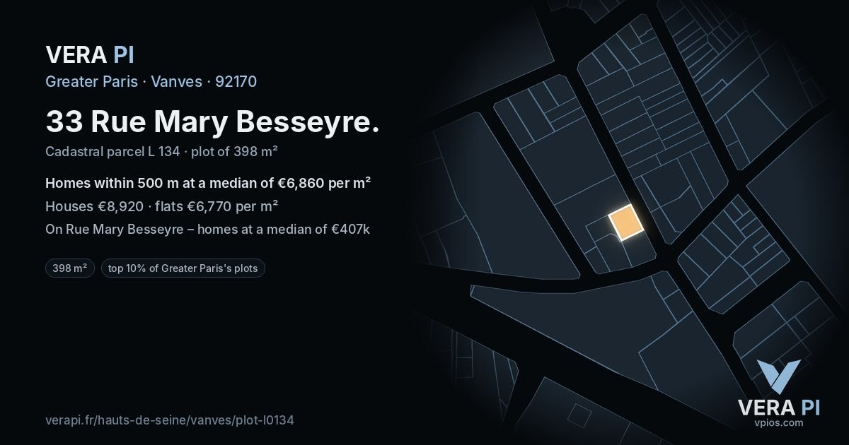 33 Rue Mary Besseyre, Vanves at night – the plot lit, the parcels around coloured by the prices near them