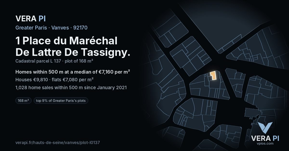 1 Place du Maréchal De Lattre De Tassigny, Vanves at night – the plot lit, the parcels around coloured by the prices near them