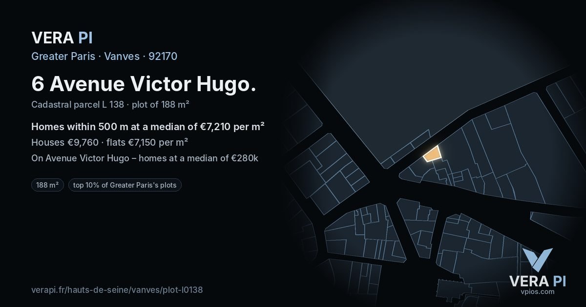 6 Avenue Victor Hugo, Vanves at night – the plot lit, the parcels around coloured by the prices near them