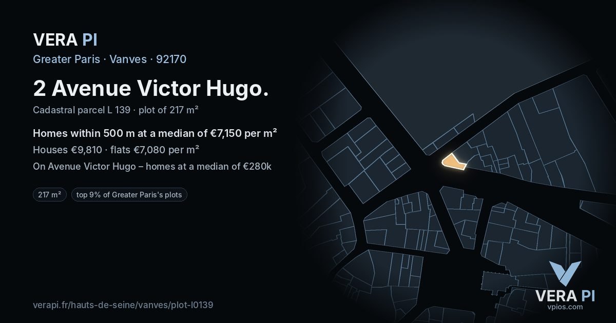 2 Avenue Victor Hugo, Vanves at night – the plot lit, the parcels around coloured by the prices near them
