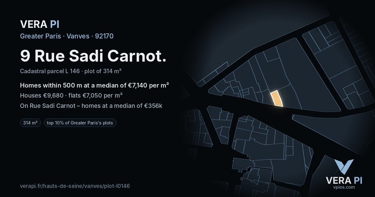 9 Rue Sadi Carnot, Vanves at night – the plot lit, the parcels around coloured by the prices near them