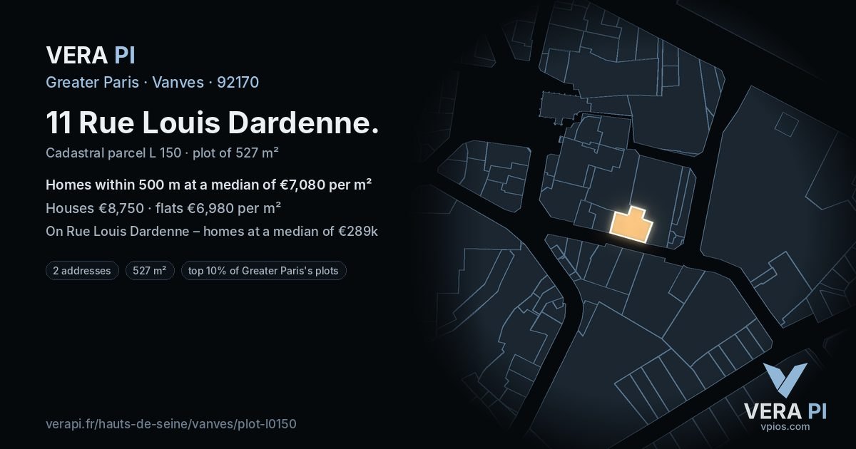 11 Rue Louis Dardenne, Vanves at night – the plot lit, the parcels around coloured by the prices near them