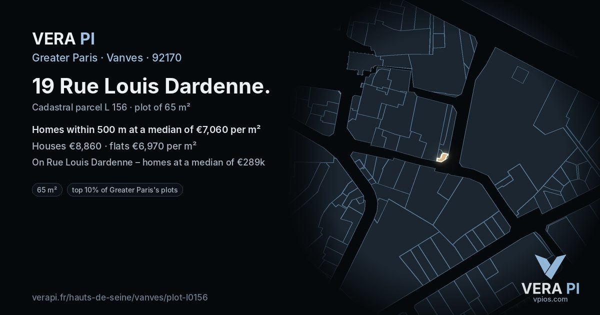 19 Rue Louis Dardenne, Vanves at night – the plot lit, the parcels around coloured by the prices near them