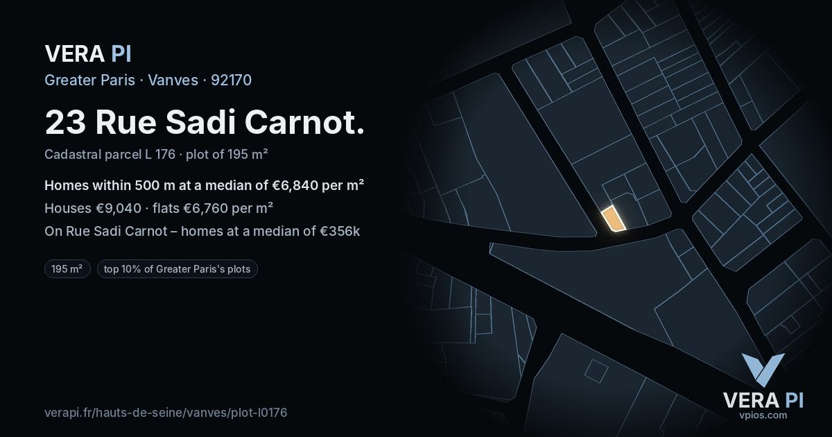 23 Rue Sadi Carnot, Vanves at night – the plot lit, the parcels around coloured by the prices near them