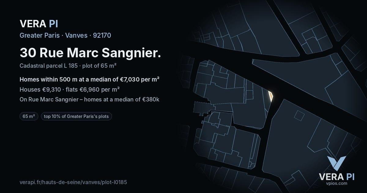 30 Rue Marc Sangnier, Vanves at night – the plot lit, the parcels around coloured by the prices near them