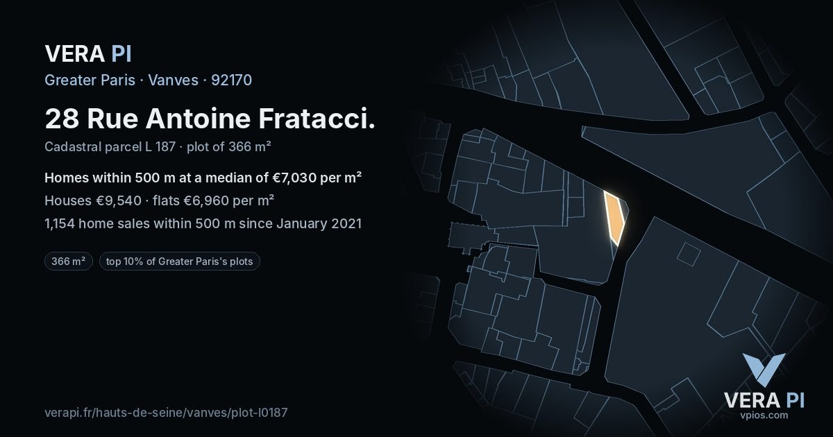 28 Rue Antoine Fratacci, Vanves at night – the plot lit, the parcels around coloured by the prices near them