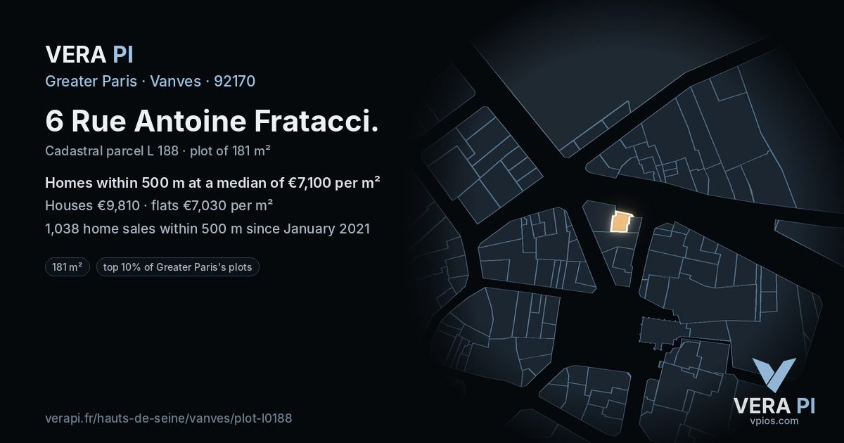 6 Rue Antoine Fratacci, Vanves at night – the plot lit, the parcels around coloured by the prices near them