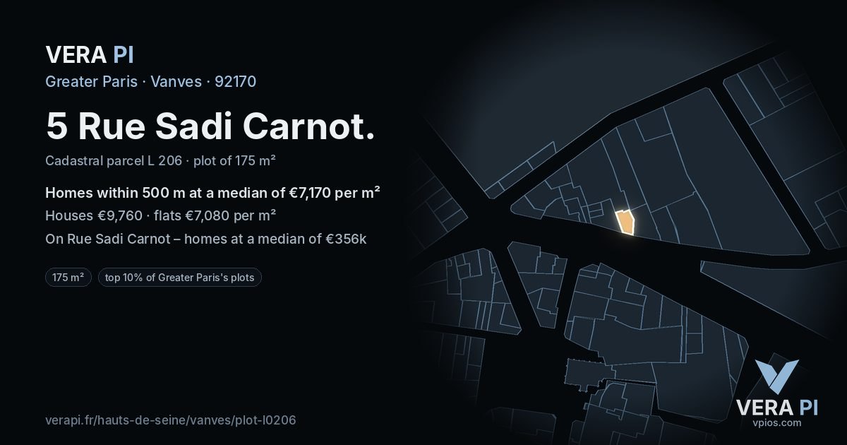 5 Rue Sadi Carnot, Vanves at night – the plot lit, the parcels around coloured by the prices near them