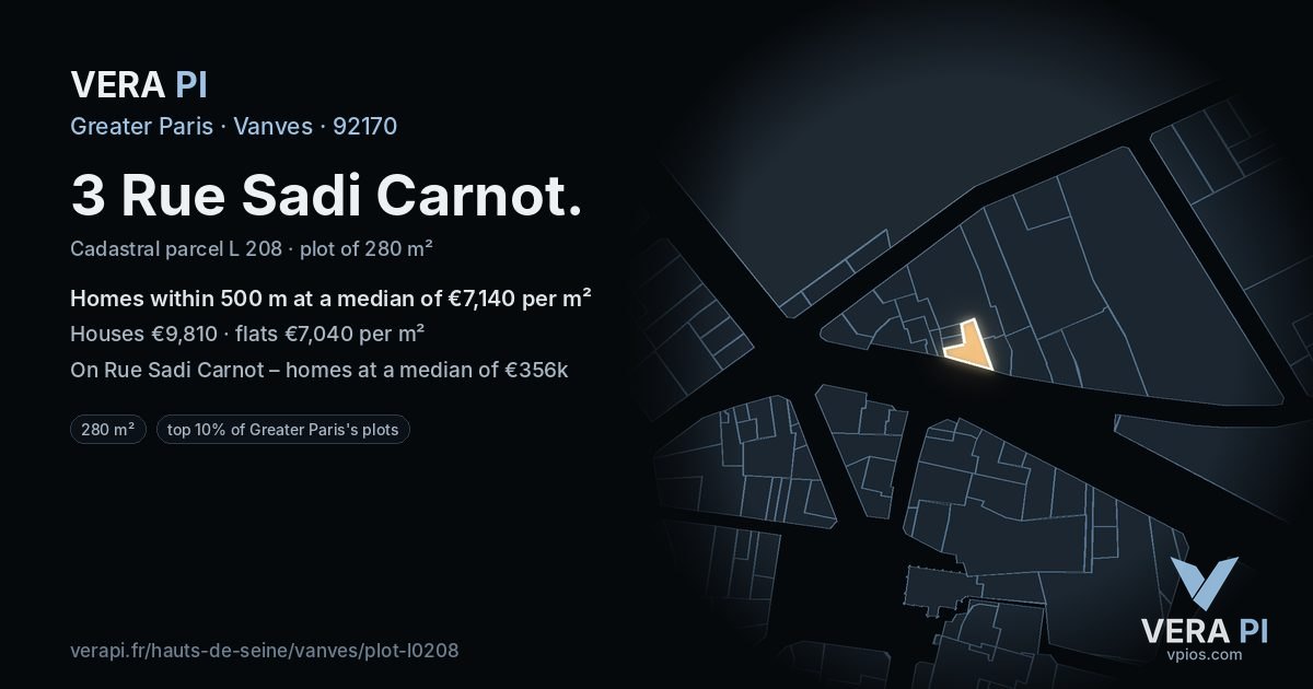 3 Rue Sadi Carnot, Vanves at night – the plot lit, the parcels around coloured by the prices near them