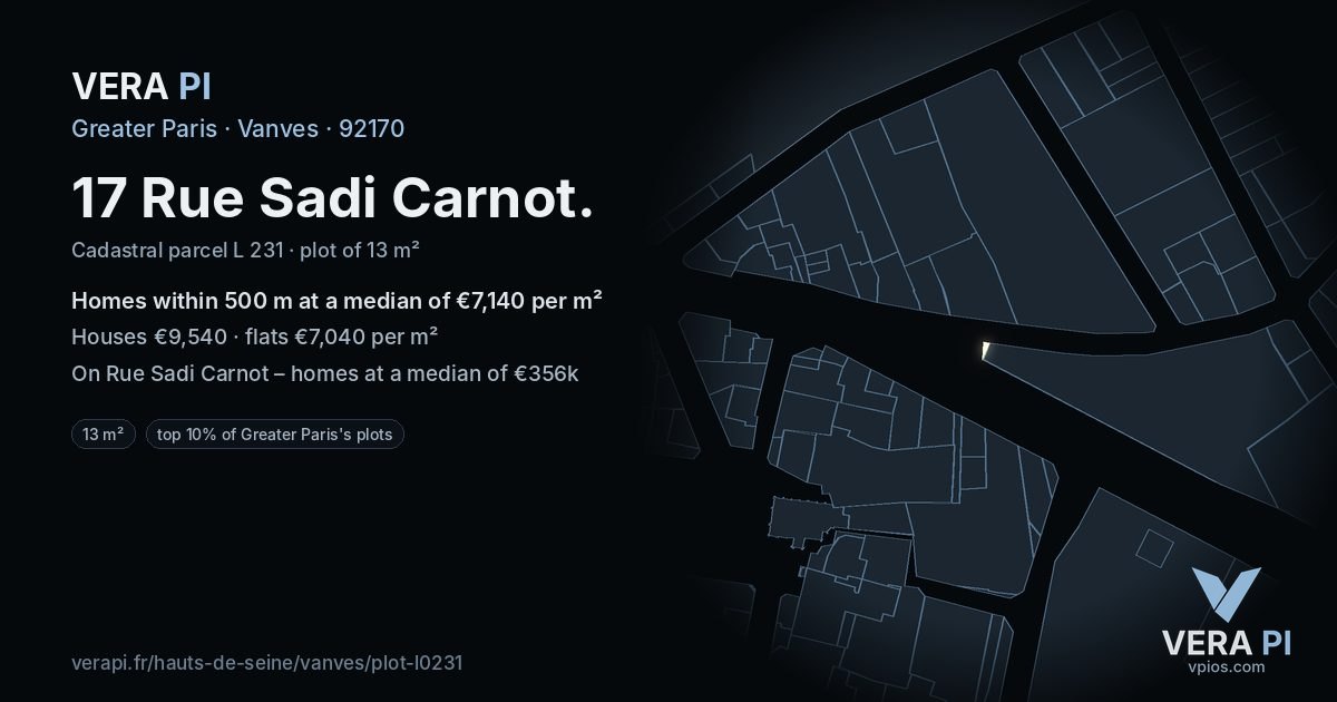 17 Rue Sadi Carnot, Vanves at night – the plot lit, the parcels around coloured by the prices near them