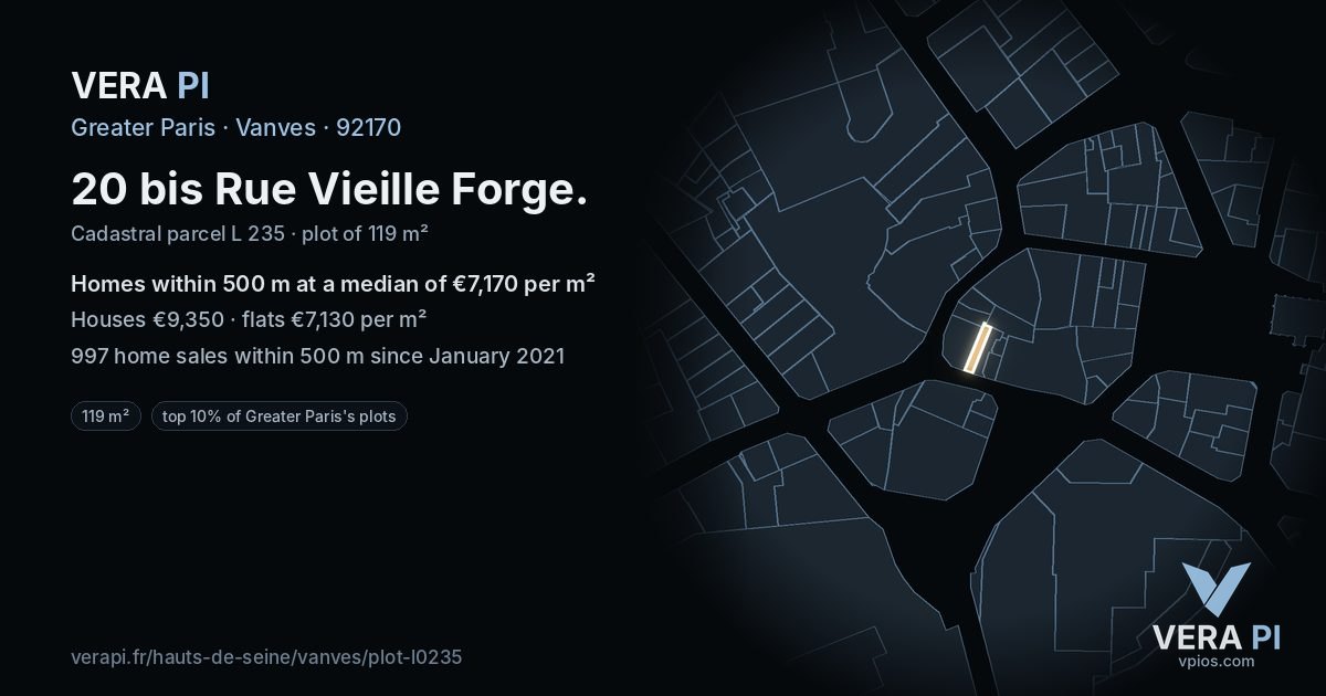 20 bis Rue Vieille Forge, Vanves at night – the plot lit, the parcels around coloured by the prices near them