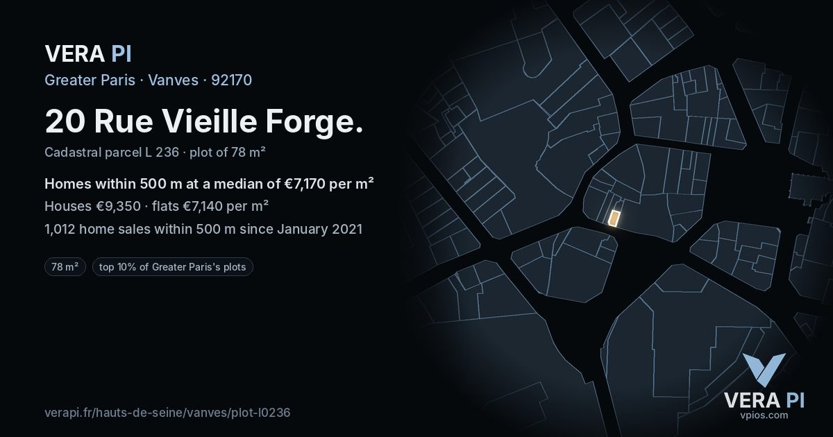 20 Rue Vieille Forge, Vanves at night – the plot lit, the parcels around coloured by the prices near them