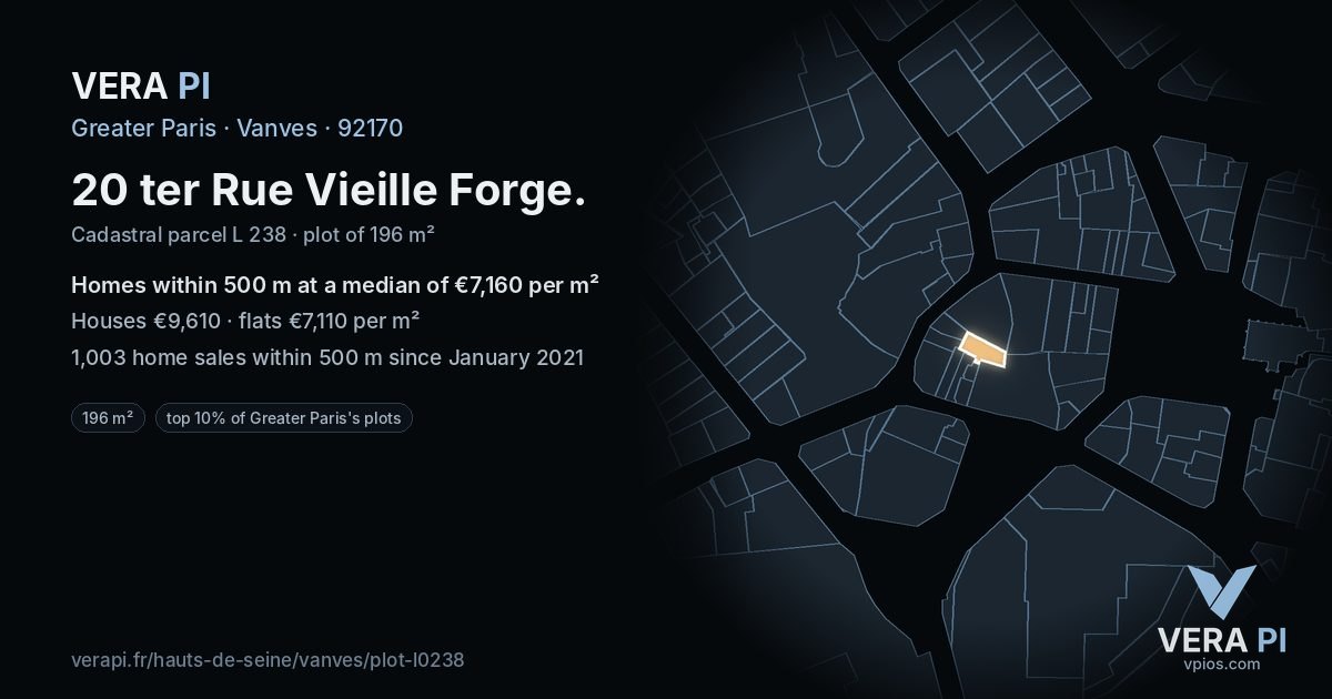 20 ter Rue Vieille Forge, Vanves at night – the plot lit, the parcels around coloured by the prices near them
