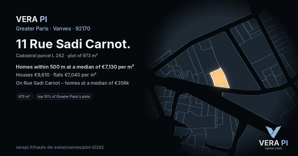 11 Rue Sadi Carnot, Vanves at night – the plot lit, the parcels around coloured by the prices near them