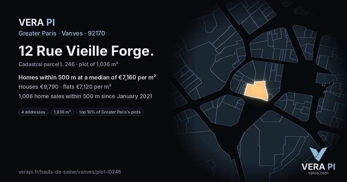 12 Rue Vieille Forge, Vanves at night – the plot lit, the parcels around coloured by the prices near them