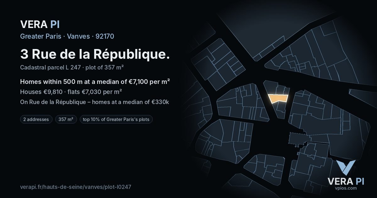 3 Rue de la République, Vanves at night – the plot lit, the parcels around coloured by the prices near them