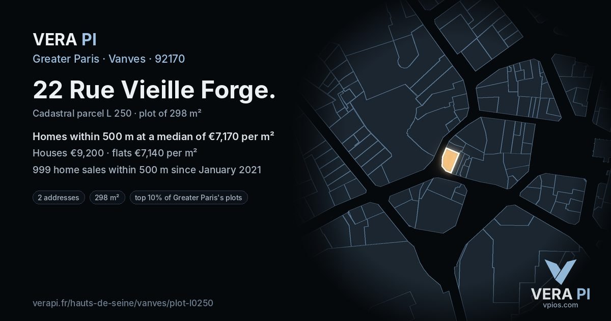22 Rue Vieille Forge, Vanves at night – the plot lit, the parcels around coloured by the prices near them