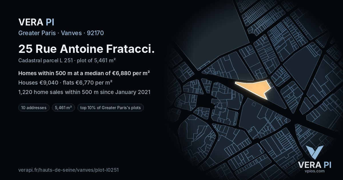 25 Rue Antoine Fratacci, Vanves at night – the plot lit, the parcels around coloured by the prices near them