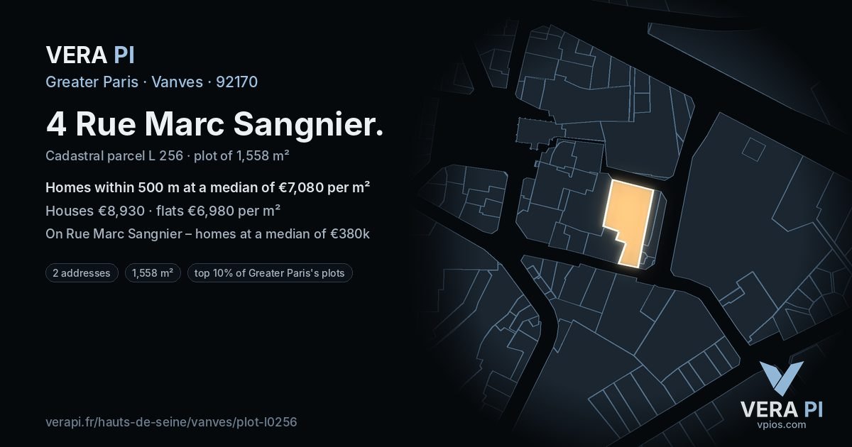 4 Rue Marc Sangnier, Vanves at night – the plot lit, the parcels around coloured by the prices near them