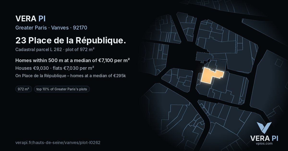 23 Place de la République, Vanves at night – the plot lit, the parcels around coloured by the prices near them