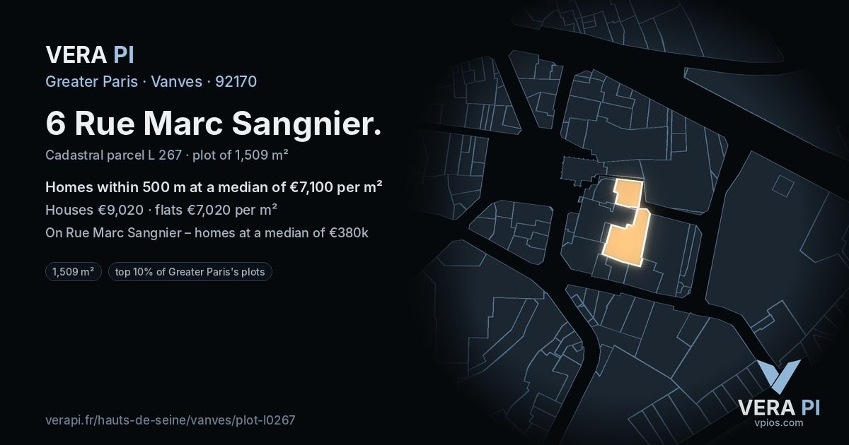 6 Rue Marc Sangnier, Vanves at night – the plot lit, the parcels around coloured by the prices near them