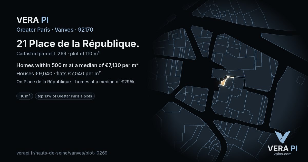 21 Place de la République, Vanves at night – the plot lit, the parcels around coloured by the prices near them