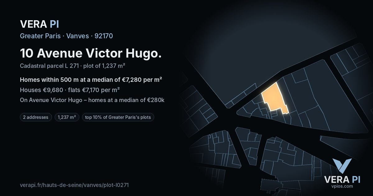 10 Avenue Victor Hugo, Vanves at night – the plot lit, the parcels around coloured by the prices near them