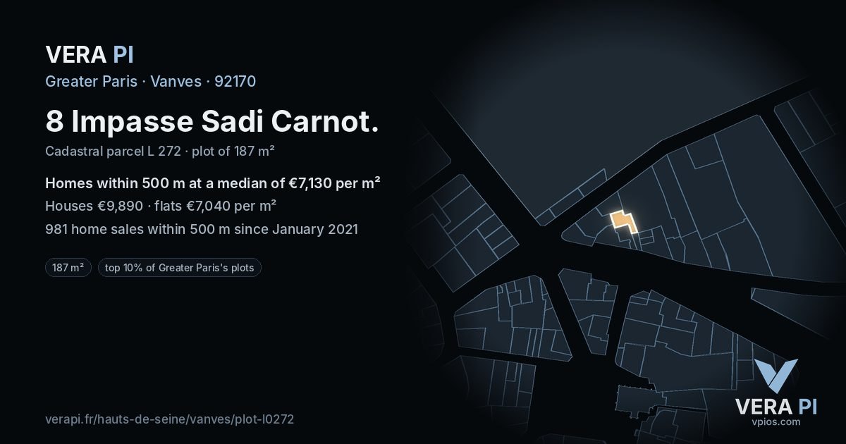 8 Impasse Sadi Carnot, Vanves at night – the plot lit, the parcels around coloured by the prices near them