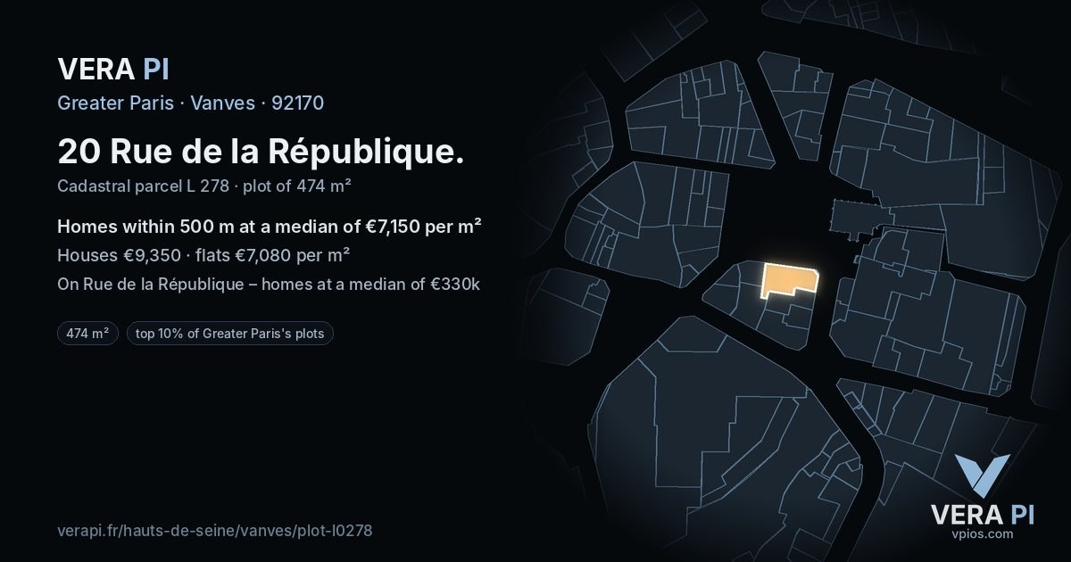 20 Rue de la République, Vanves at night – the plot lit, the parcels around coloured by the prices near them