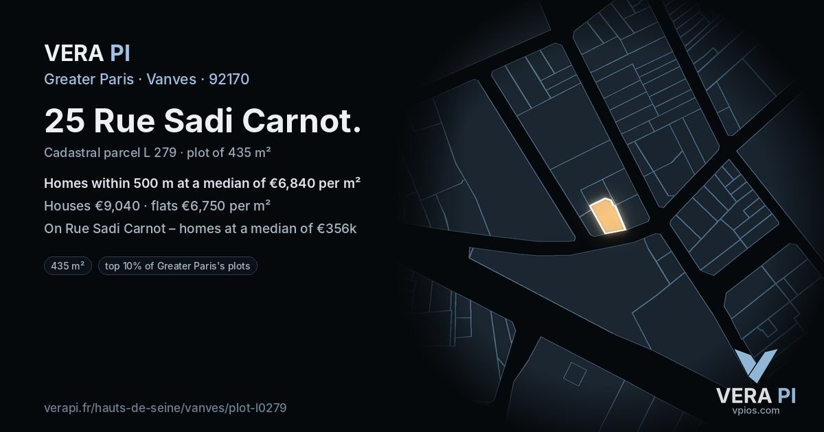 25 Rue Sadi Carnot, Vanves at night – the plot lit, the parcels around coloured by the prices near them