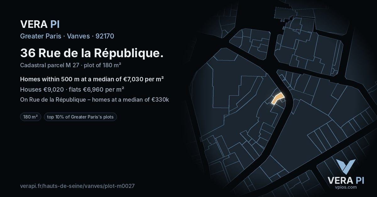 36 Rue de la République, Vanves at night – the plot lit, the parcels around coloured by the prices near them