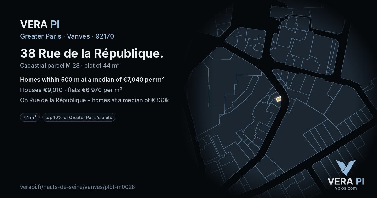 38 Rue de la République, Vanves at night – the plot lit, the parcels around coloured by the prices near them